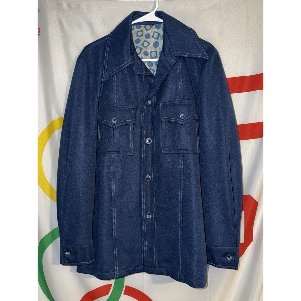 Vintage JC Penney Shirt Mens Medium Blue Disco Button Up Polyester Overshirt